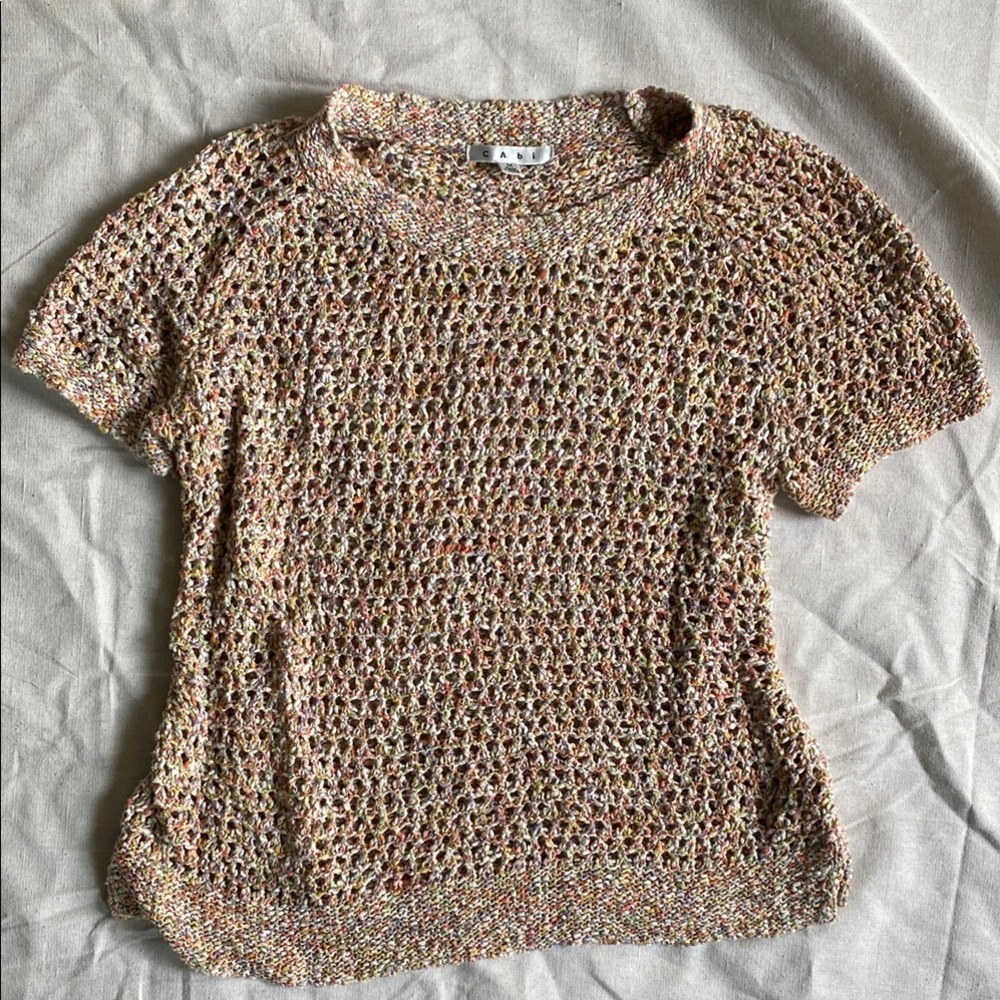 CAbi Multicolor Knit Short Sleeve Top Crochet Shirt 100% Cotton